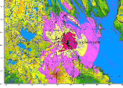 Зона обслуживания передатчика ЦТВ в г. Петрозаводске